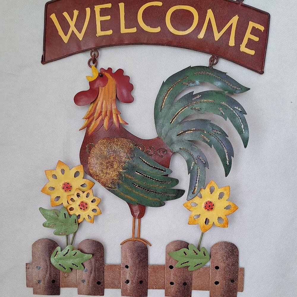 ROOSTER WELCOME HANGING METAL SIGN Country Rustic Decor 16"H x12"W NWT